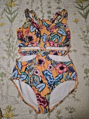 Monif C. Yellow Tropical Floral One-Piece Swimsuit